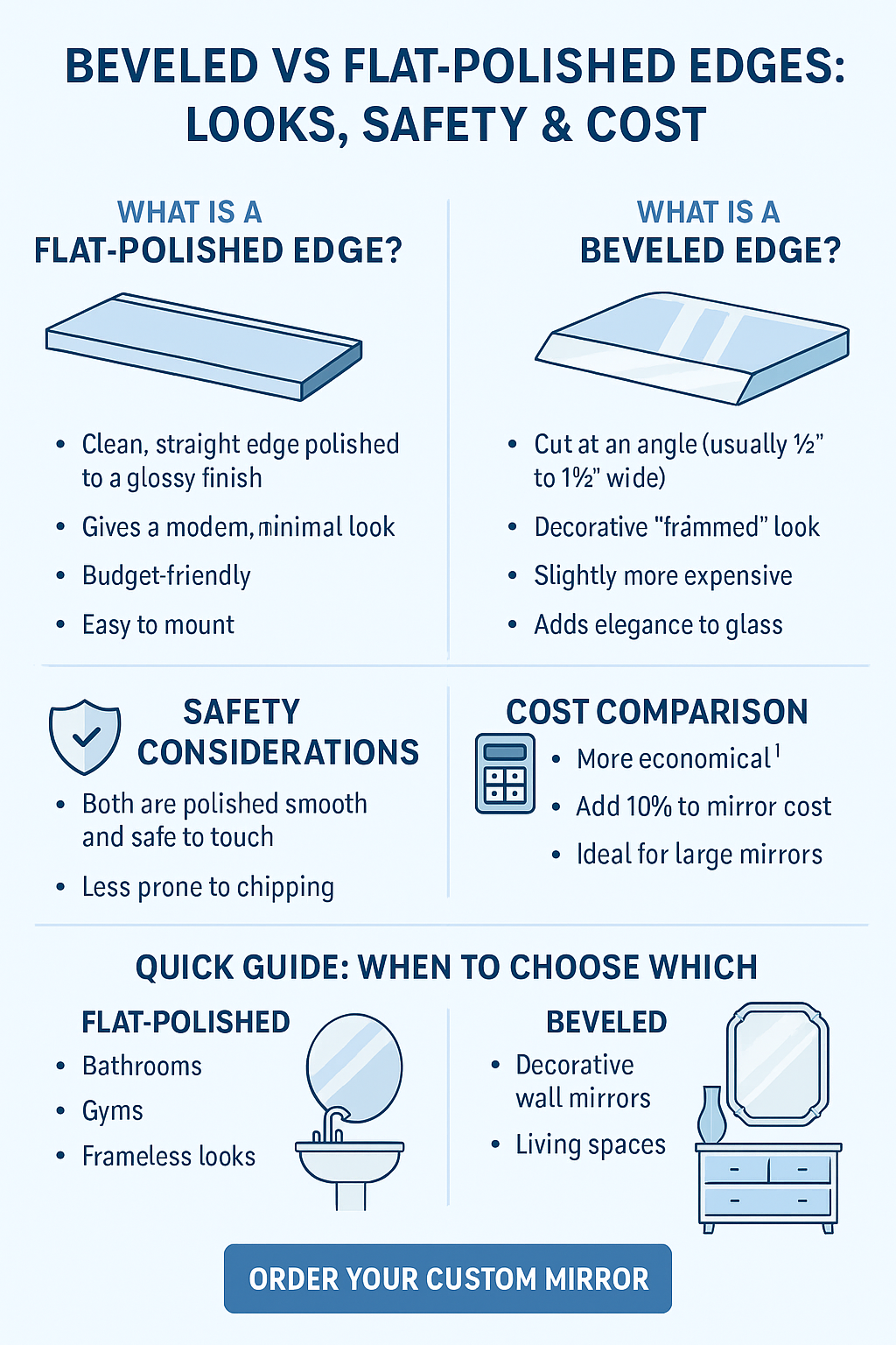 Infographic: Beveled vs Flat-Polished Edges — Looks, Safety & Cost (GlassMirrorPro)