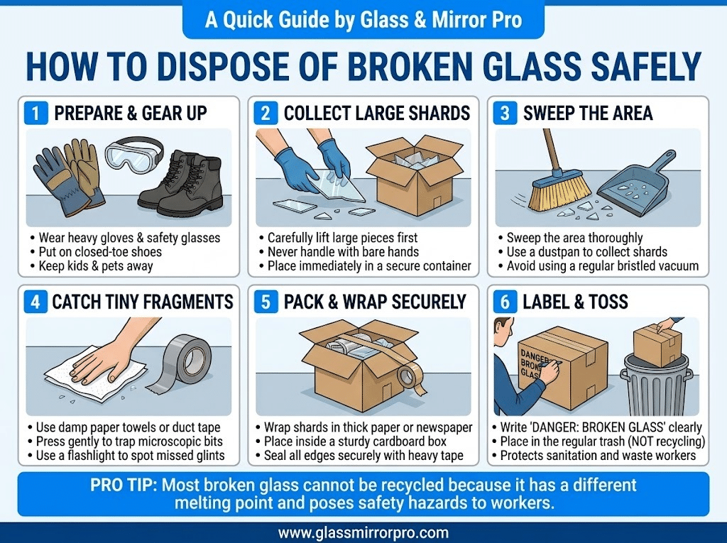 How to Dispose of Broken Glass Infographic by Glass Mirror Pro