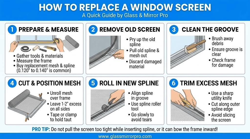 How to Replace a Window Screen Infographic Guide by Glass Mirror Pro