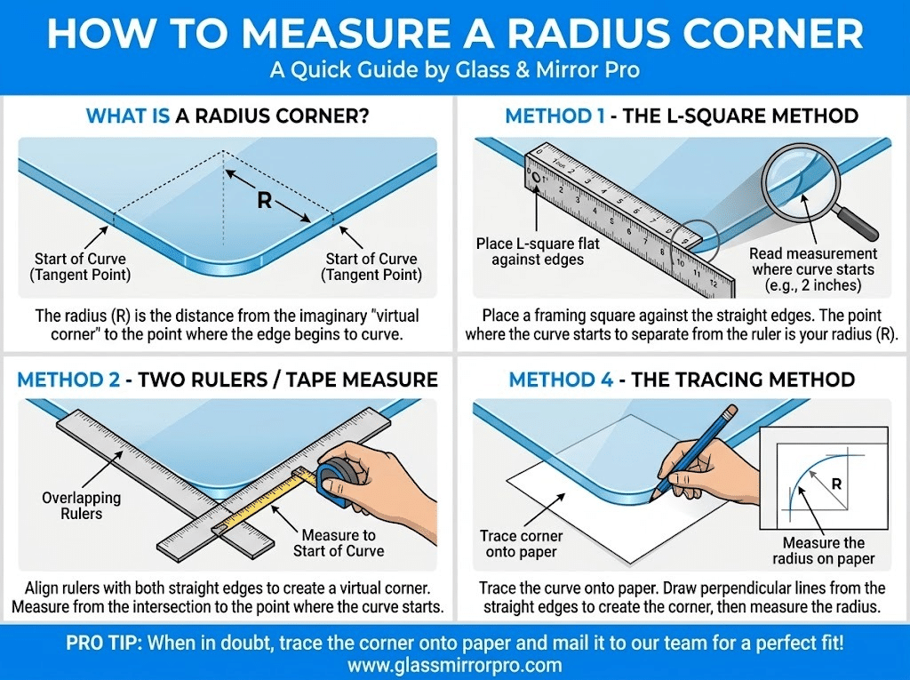 How to Measure a Radius Corner Infographic by Glass Mirror Pro