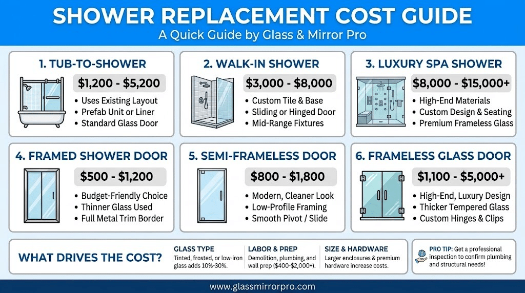 Shower Replacement Cost Breakdown Infographic by Glass Mirror Pro